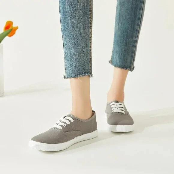 ⚡Women's Grey Classic Sneakers Low Top White Canvas Shoes Casual Lightweight